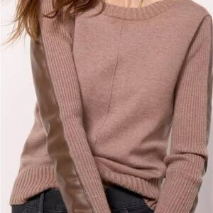 Evereve Brown Pullover Sweater with Faux-Leather Sleeve Detail